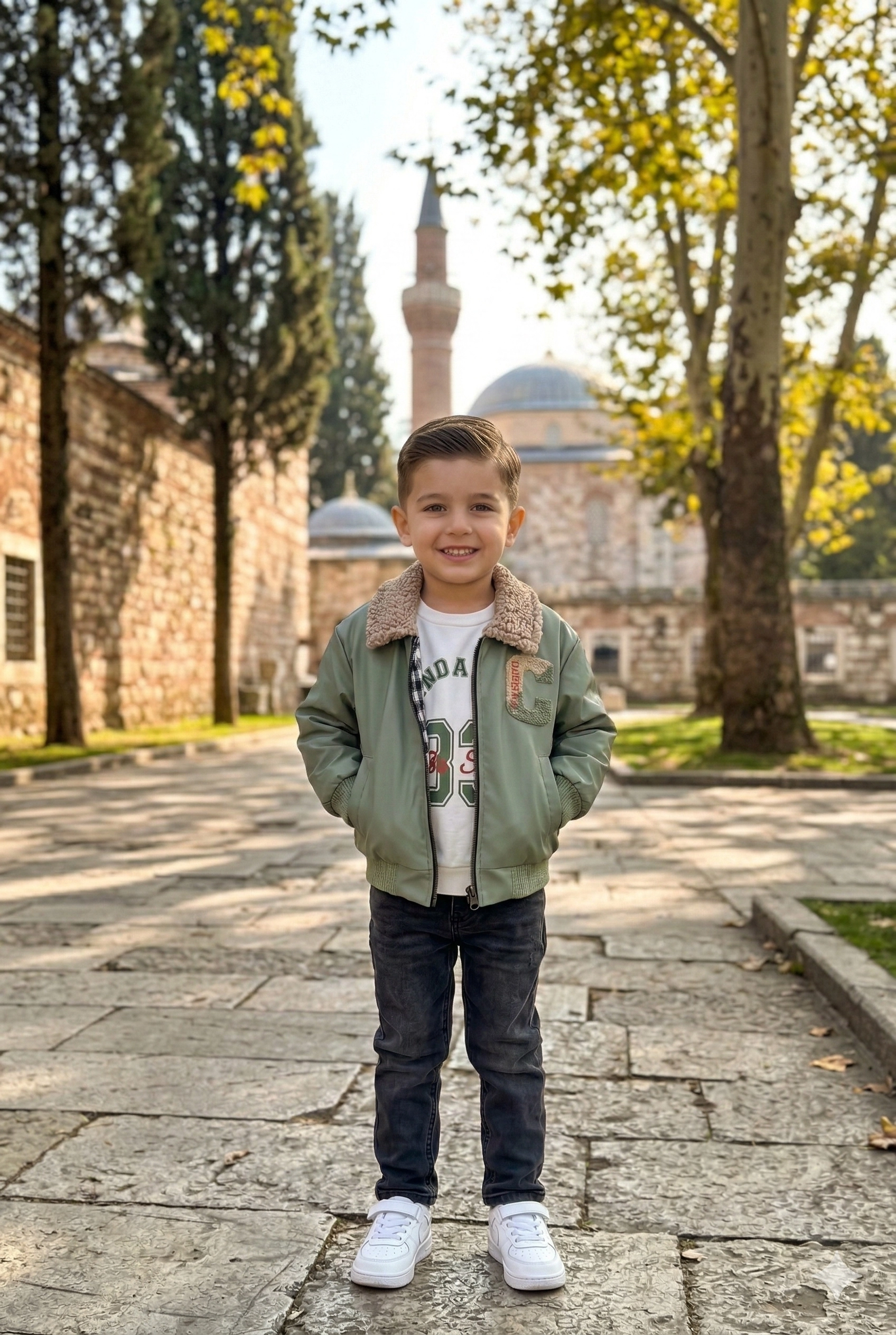 Peluş%20Yakalı%20Yeşil%20Bomber%20Ceket,%20Sweatshirt%20ve%20Denim%20Pantolon%20(3%20Parça)