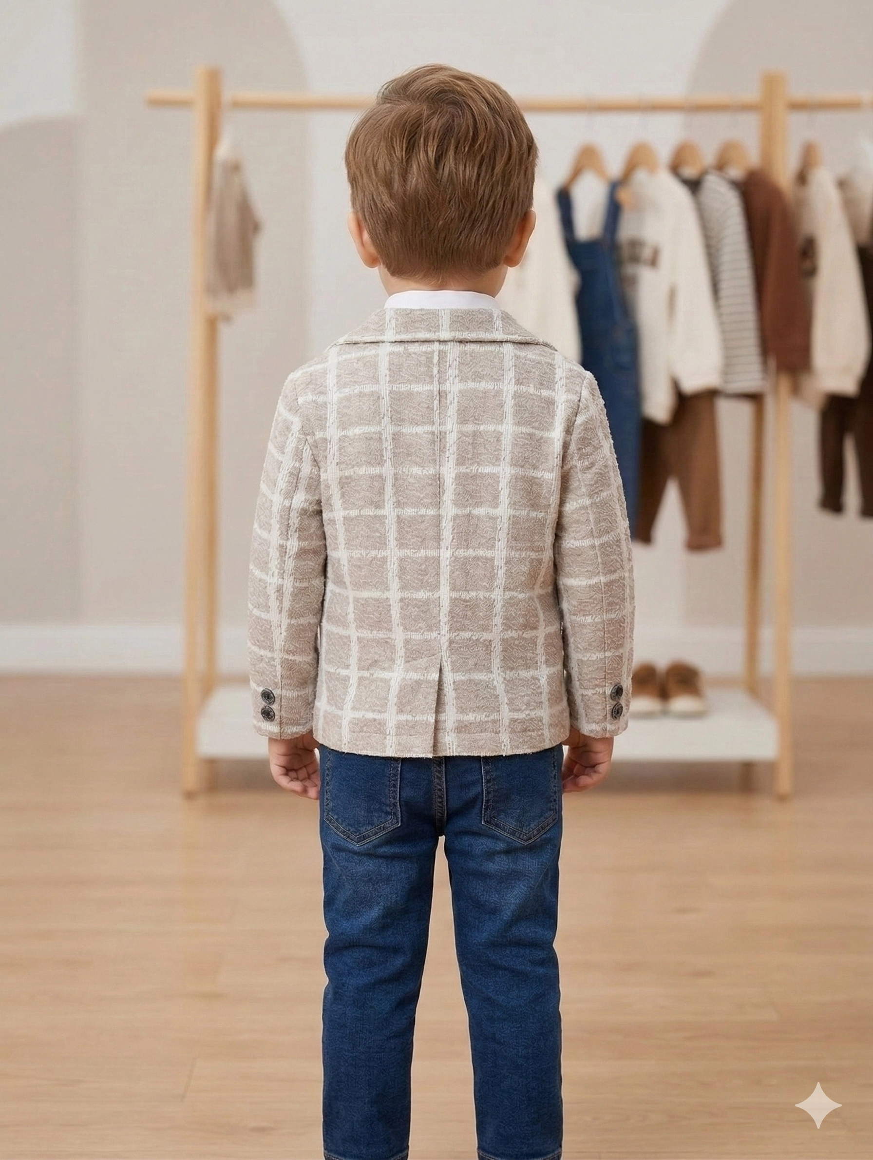 Erkek%20Çocuk%20Bej%20Kareli%20Blazer%20Ceketli%20Papyonlu%203’lü%20Takım