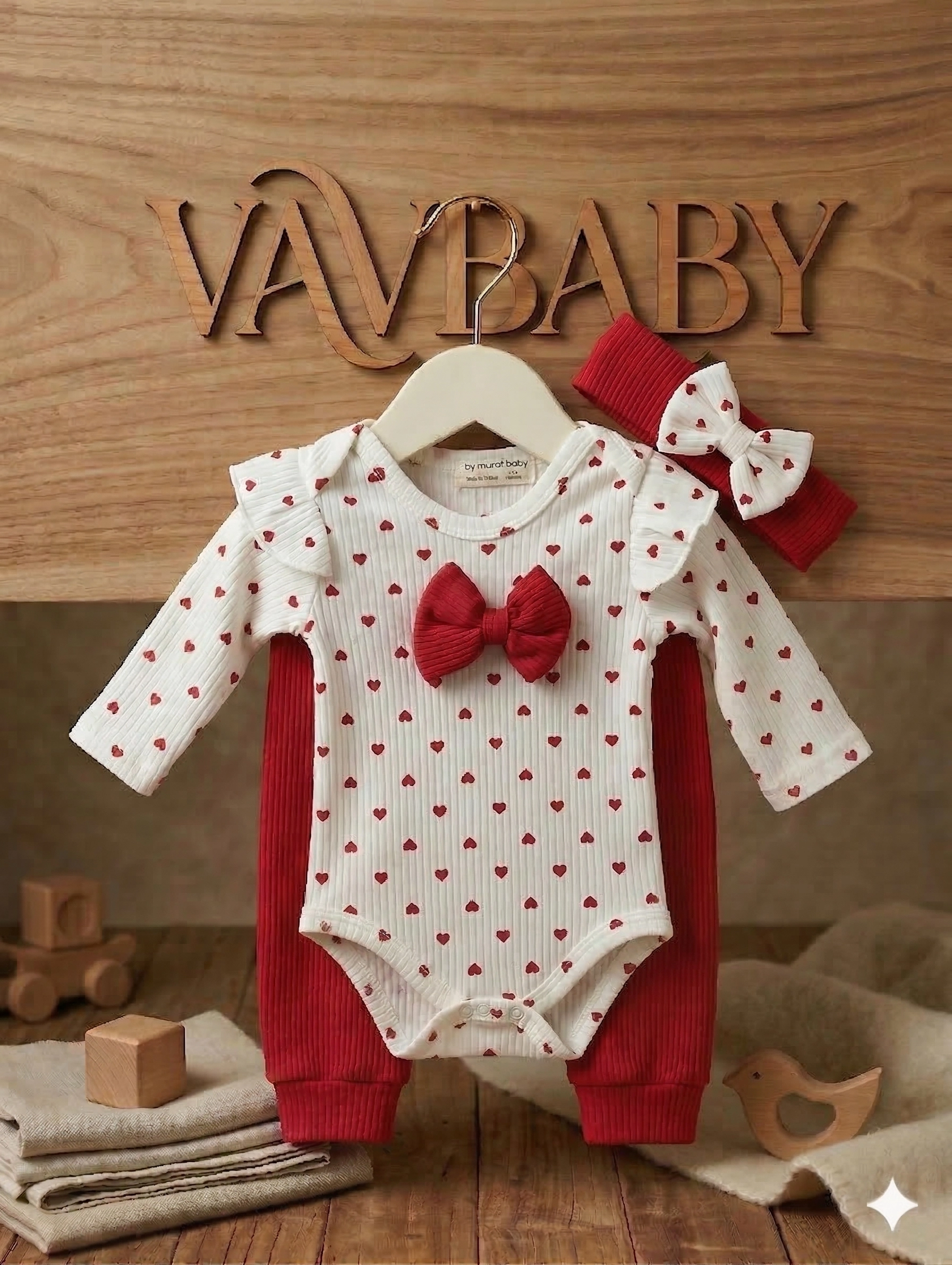 Kız%20Bebek%20Kalp%20Desenli%20Fiyonklu%20Çıtçıtlı%20Zıbın%20ve%20Bandanalı%20Alt%20Üst%203%20lü%20Takım-Kırmızı