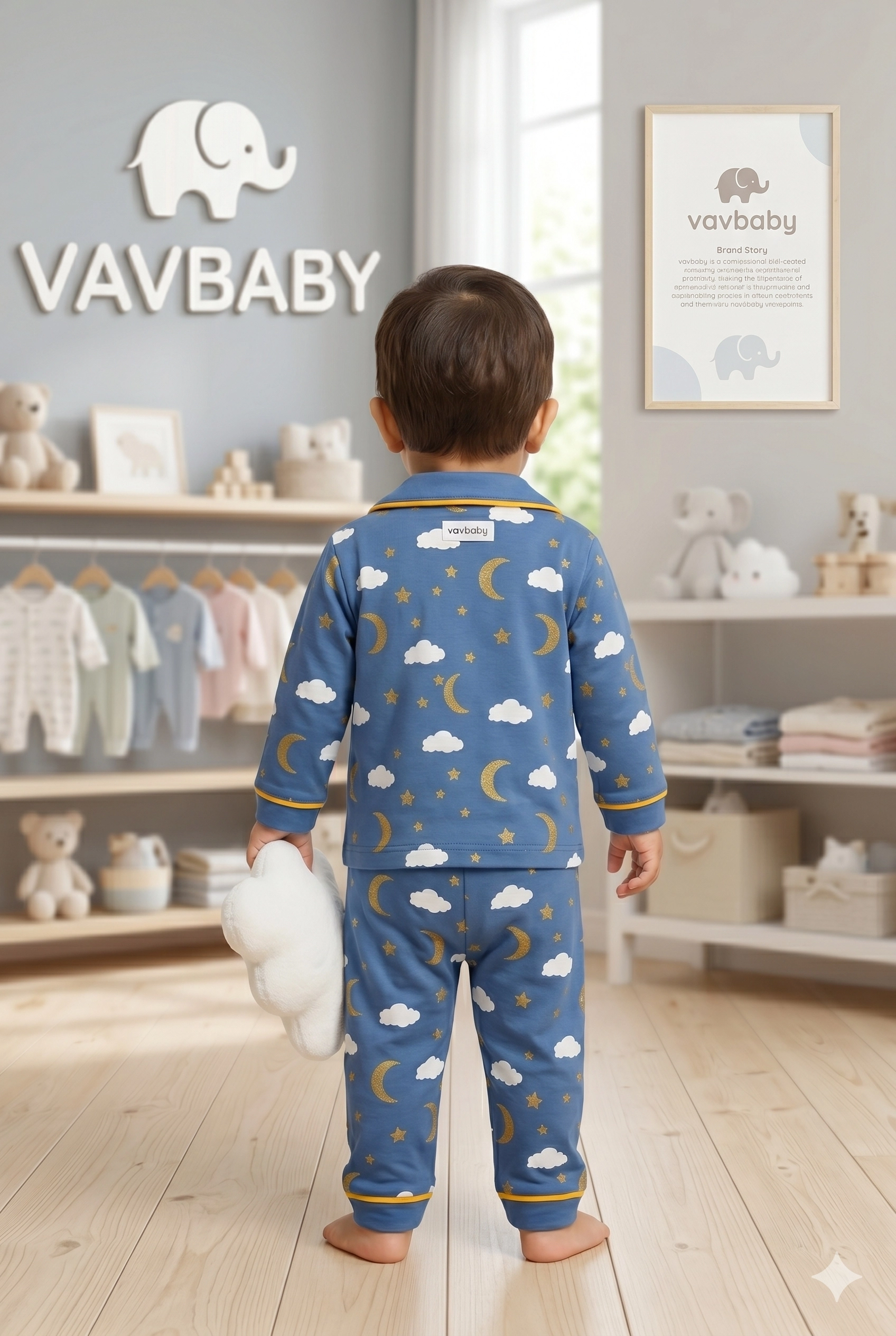 Pamuklu%20Kruvaze%20Yaka%20Önden%20Düğmeli%20Bulut-Ay%20Desenli%20Mevsimlik%20Alt%20Üst%20Pijama%20Takım-Mavi
