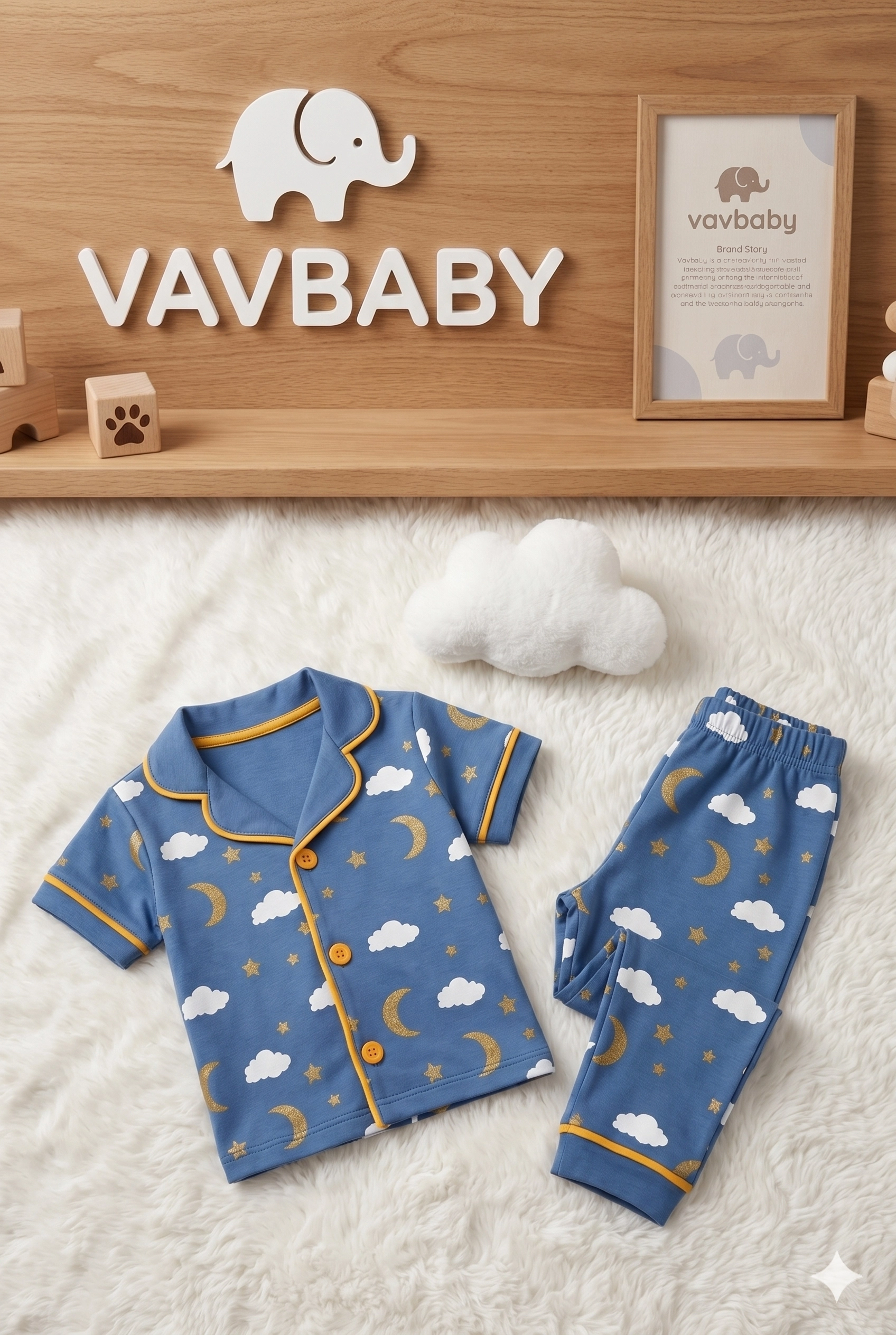 Pamuklu%20Kruvaze%20Yaka%20Önden%20Düğmeli%20Bulut-Ay%20Desenli%20Mevsimlik%20Alt%20Üst%20Pijama%20Takım-Mavi