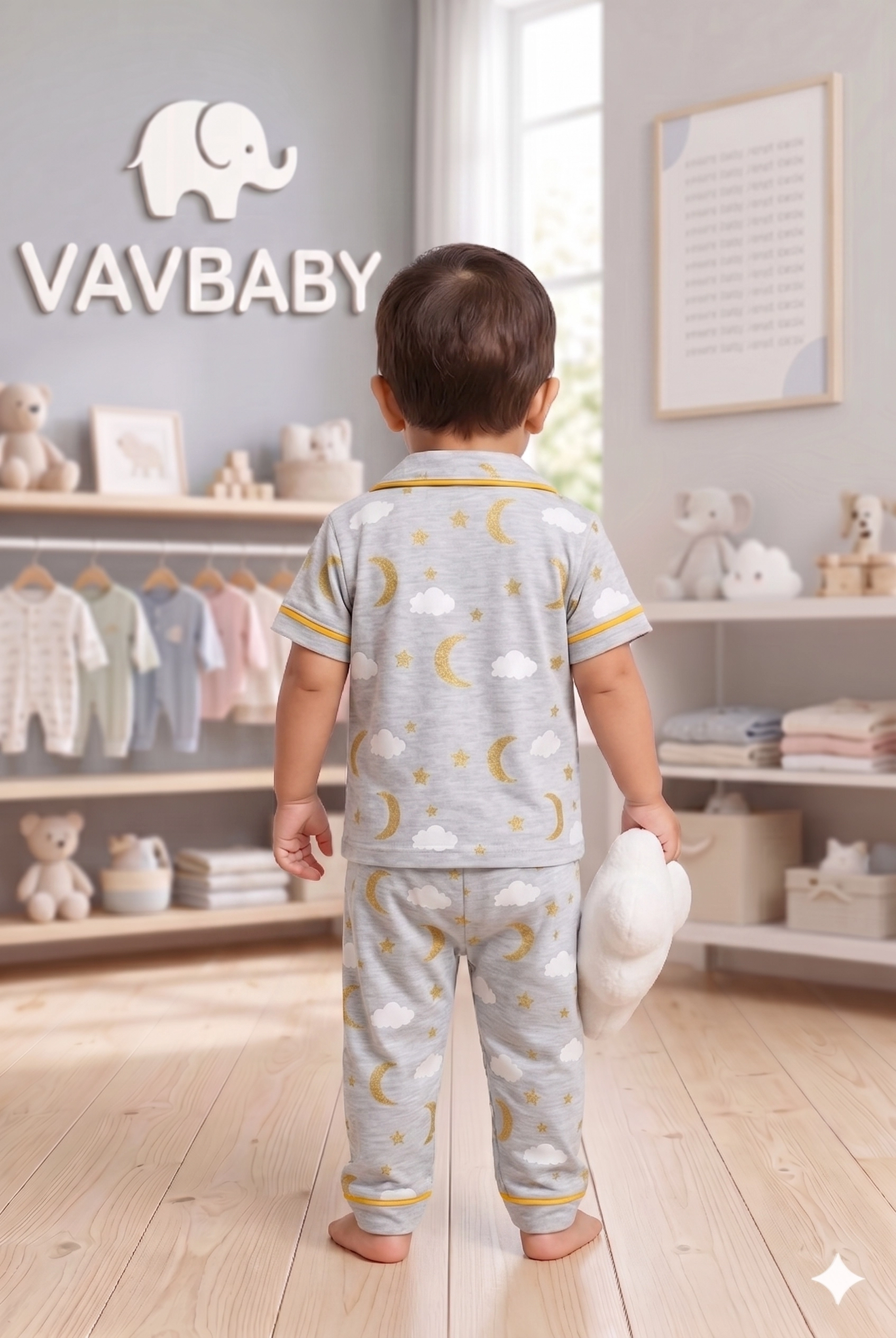 Pamuklu%20Kruvaze%20Yaka%20Önden%20Düğmeli%20Bulut-Ay%20Desenli%20Mevsimlik%20Alt%20Üst%20Pijama%20Takım-Gri