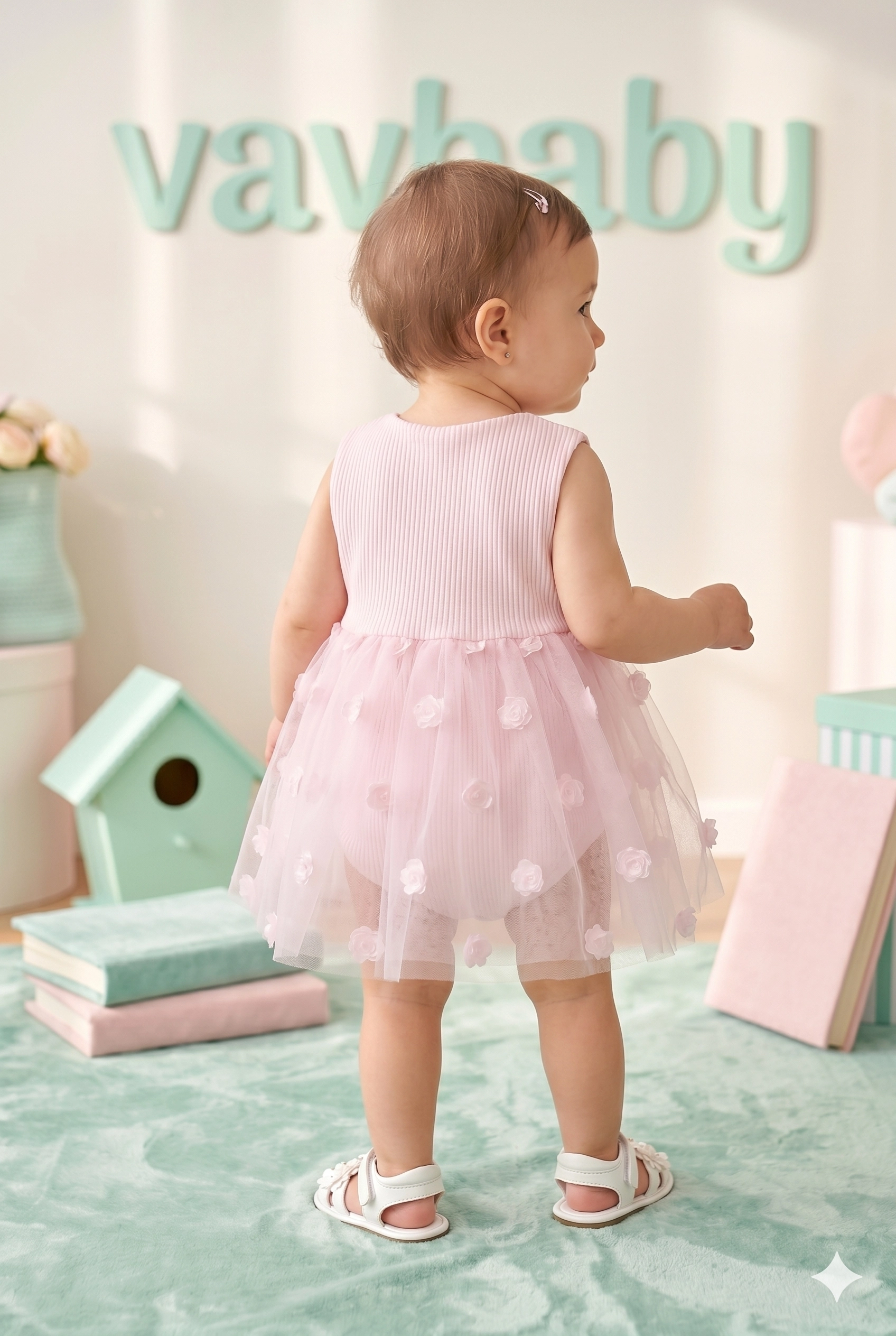 Kız%20Bebek%20Gül%20Nakışlı%20Tül%20Detaylı%20Tütü%20Elbise%20Pembe