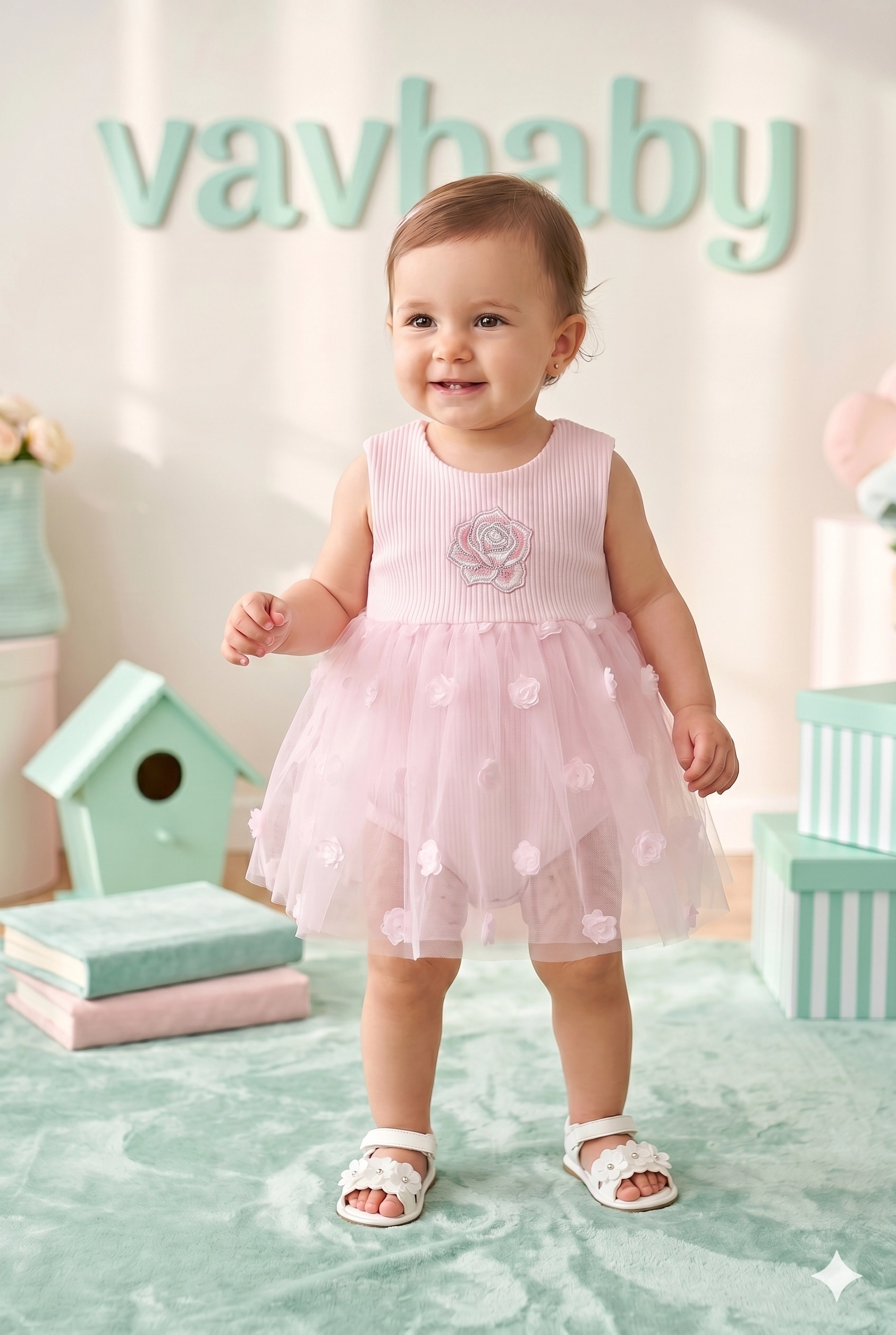 Kız%20Bebek%20Gül%20Nakışlı%20Tül%20Detaylı%20Tütü%20Elbise%20Pembe