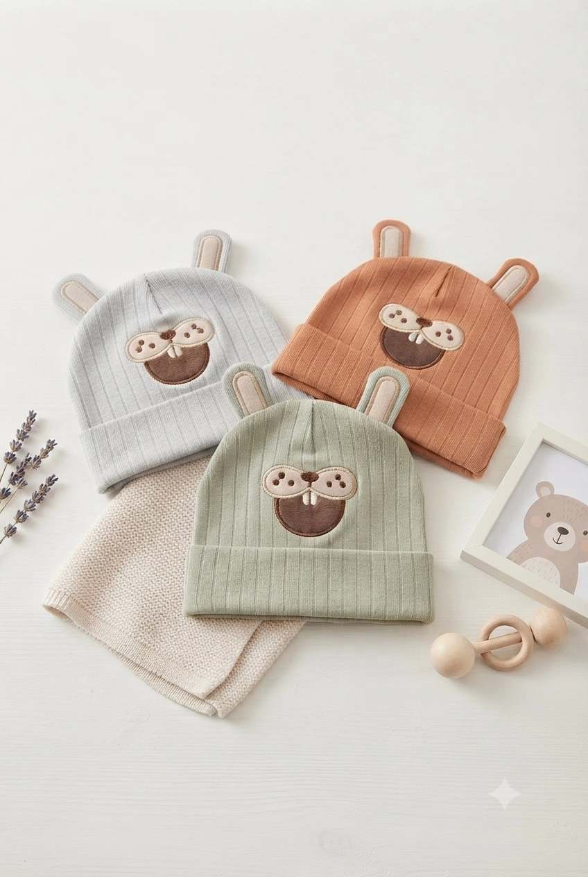 Organik%20Pamuklu,%20Yumuşak%20Dokulu,%20Ribanalı%20Köstebek%20Model%203’lü%20Set%20Unisex%20Bebek%20Şapkası%20(Kiremit-Yeşil-Gri)