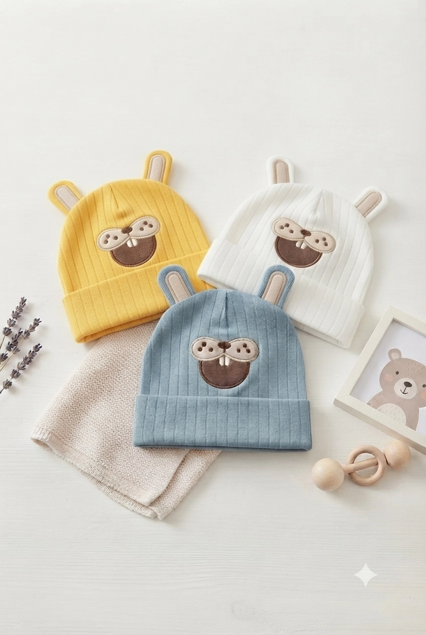 Organik%20Pamuklu,%20Yumuşak%20Dokulu,%20Ribanalı%20Köstebek%20Model%203’lü%20Set%20Unisex%20Bebek%20Şapkası%20(Mavi-Sarı-Beyaz)