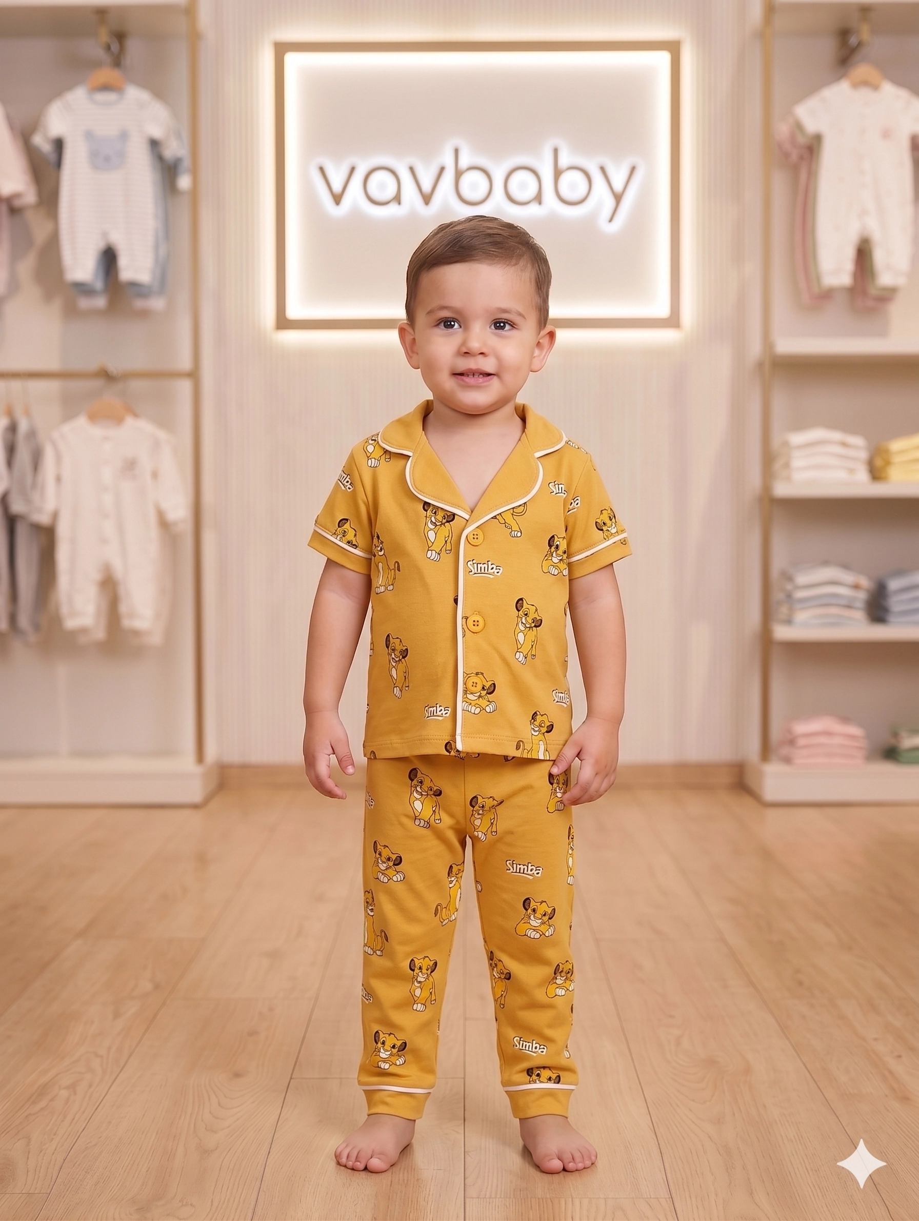 Pamuklu%20Kruvaze%20Yaka%20Önden%20Düğmeli%20Aslan%20Kral%20Desenli%20Mevsimlik%20Alt%20Üst%20Pijama%20Takım%20(Sarı)