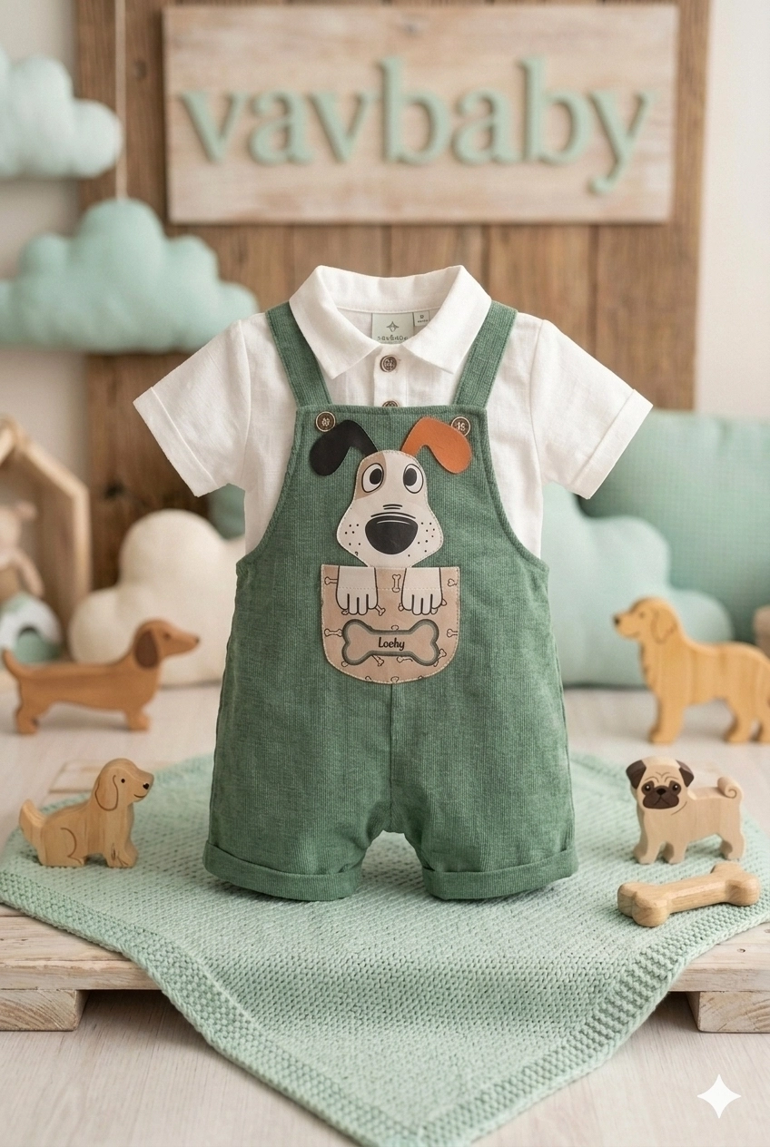 Erkek%20bebek%20Sevimli%20Köpek%20Figürlü%20Bebek%20Salopet%20Şort%20ve%20Gömlek%20Takım-Yeşil
