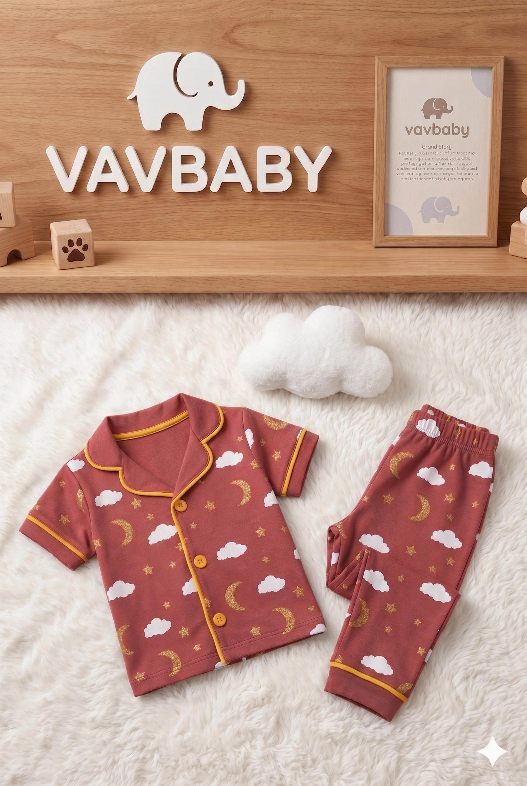 Pamuklu%20Kruvaze%20Yaka%20Önden%20Düğmeli%20Bulut-Ay%20Desenli%20Mevsimlik%20Alt%20Üst%20Pijama%20Takım-Kırmızı