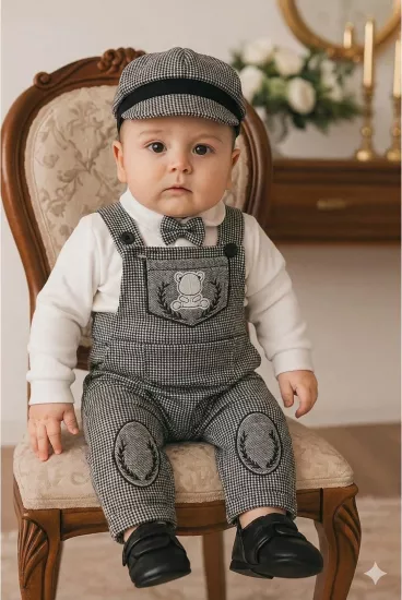 Erkek Bebek Ayıcıklı Salopet Takım - Kasketli, Papyonlu 3’lü Set