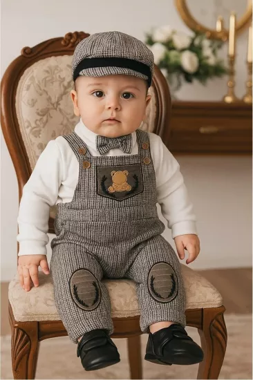Erkek Bebek Ayıcıklı Salopet Takım - Kasketli, Papyonlu 3’lü Set
