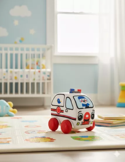 Bebekler İçin Yumuşak Dokulu Peluş Oyuncak Ambulans - Eğitici ve Güvenli İlk Arabam