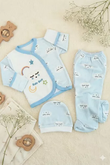 Yenidoğan Bebek Bulut Desenli 3’lü Hastane Çıkışı-Bebek Zıbın Seti Mavi