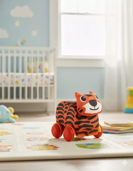 Sevimli Kaplan Figürlü Peluş Araba - İlk Adım Eğitici Oyuncak