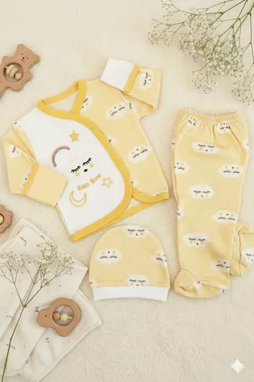 Yenidoğan Bebek Bulut Desenli 3’lü Hastane Çıkışı-Bebek Zıbın Seti Sarı