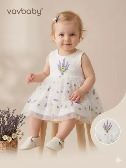 Kız Bebek Lavanta ve Papatya Nakışlı Tül Detaylı Elbise Beyaz