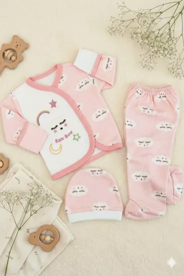 Yenidoğan Bebek Bulut Desenli 3’lü Hastane Çıkışı-Bebek Zıbın Seti Pembe