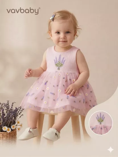 Kız Bebek Lavanta ve Papatya Nakışlı Tül Detaylı Elbise Pembe