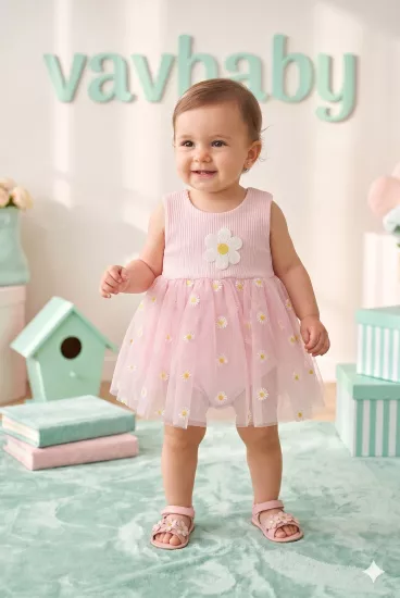 Kız Bebek Papatya Kabartma Desenli Çıtçıtlı Badi Zıbın Tütü Elbise-Pembe