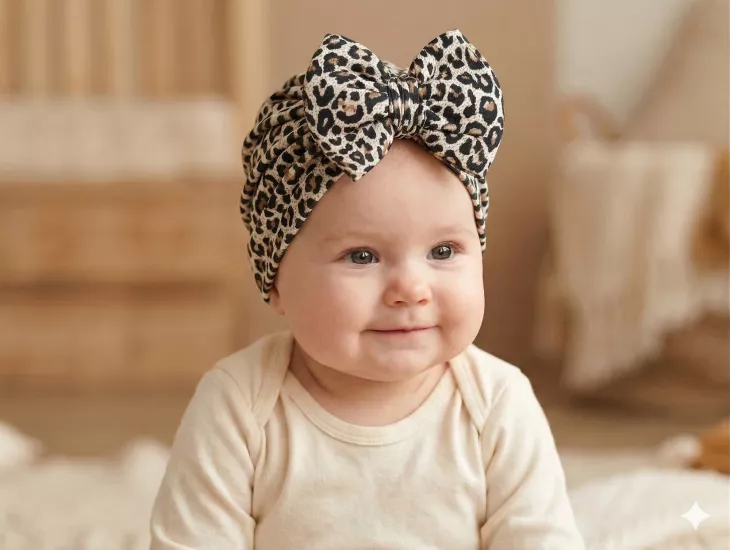 Kız Bebek Lüks Desenli Büyük Fiyonklu Bebek Bonesi - Bebek Saç Bandı Leopar