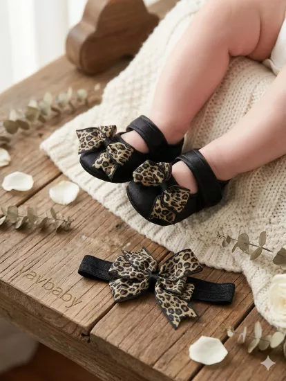 VaVbaby Liora Leopar Desenli Bandana ve Patik Takımı 0-6 ay Kız Bebek Organik ve Şık Yumuşak Taban Sevimli ve Rahat