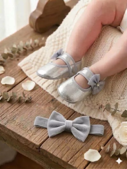 Gümüş Renk Bebek Ayakkabısı ve Bandana Seti - Mevlüt ve Özel Gün Ayakkabısı