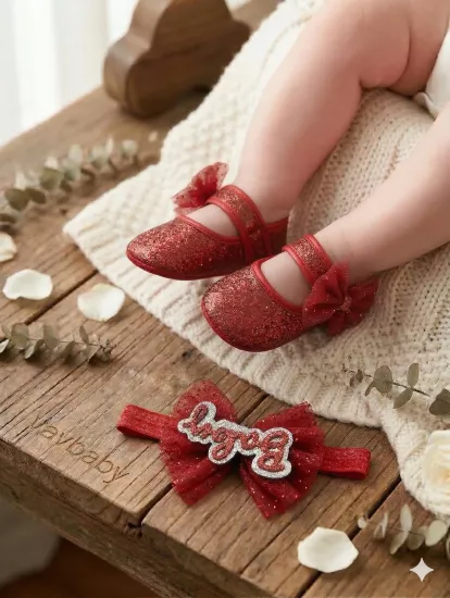 VaVbaby Ruby Barbie Kırmızı Renk Bebek Bandana ve Ayakkabı 0-6 Ay Şirin Sevimli Rahat Yumuşak Taban