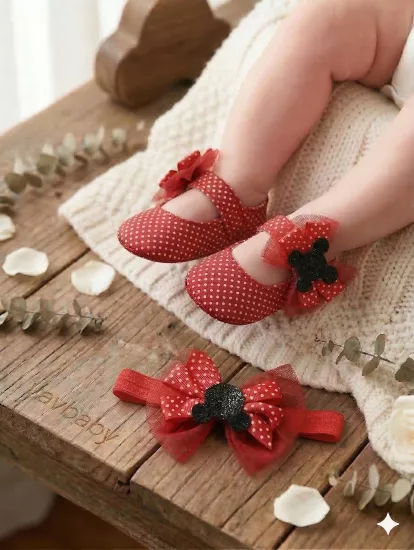VaVbaby Polka Miki Puantiyeli Kız Bebek Bandana ve Ayakkabı 0-6 Ay Şirin Sevimli Rahat Yumuşak Taban