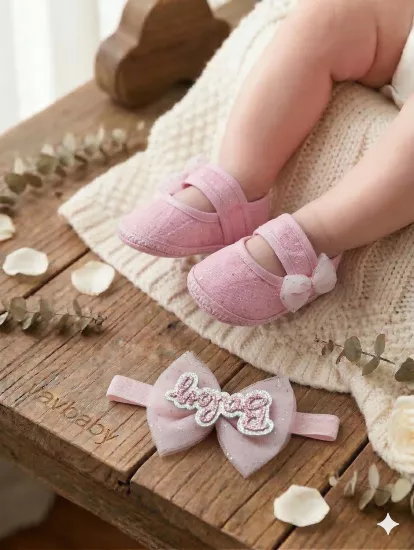 VaVbaby Barbie Pink - Pembe Kız Bebek Bandana ve Ayakkabı 0-6 Ay Şirin Sevimli Rahat Yumuşak Taban