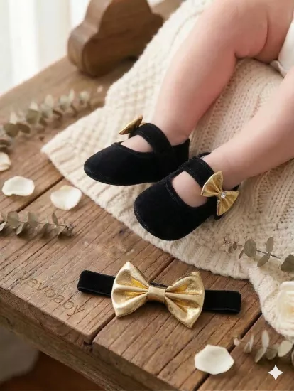 VaVbaby Gold Chic Kız Bebek Bandana ve Ayakkabı 0-6 Ay Şirin Sevimli Rahat Yumuşak Taban