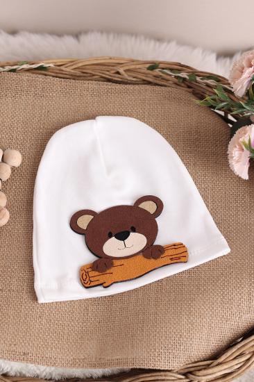 Kütüklü Ayı Desenli Bebek Bere Bebek Şapka Beyaz