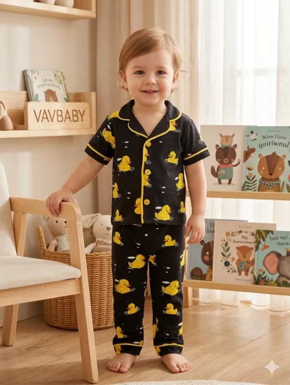 Pamuklu Kruvaze Yaka Önden Düğmeli Sarı Ördekli Siyah Mevsimlik Alt Üst Pijama Takım