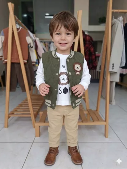 Aslan Figürlü Nakışlı Erkek Çocuk Yelekli 3 lü Takım