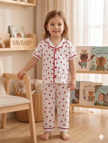 Kız Çocuk Pamuklu Kruvaze Yaka Önden Düğmeli Küçük Kalp Desenli Mevsimlik Alt Üst Pijama Takım