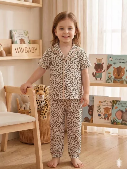 Kız Çocuk Pamuklu Kruvaze Yaka Önden Düğmeli Leopar Desenli Mevsimlik Alt Üst Pijama Takım