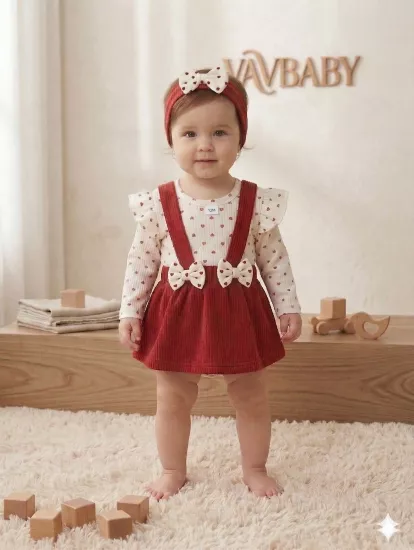 Kız Bebek Kırmızı  Raporlu Jile Etek ve Kalp Desenli Zıbın Body Takım 