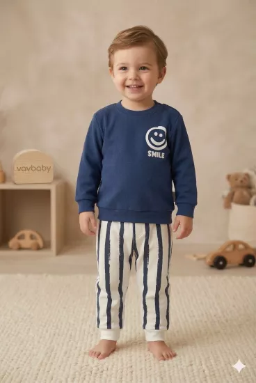 Erkek Bebek Smile Baskılı Lacivert Alt Üst Takım Lacivert