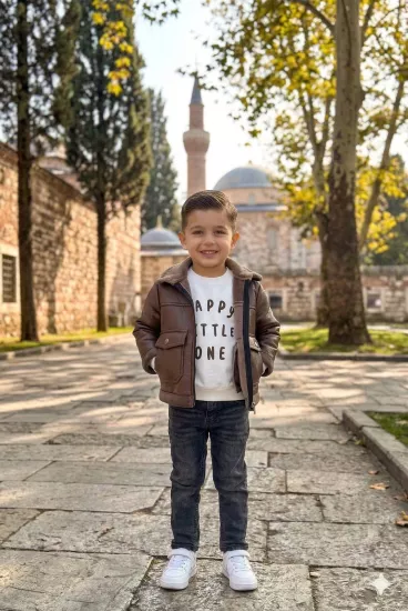 Erkek Çocuk Kahverengi Kürklü İçi Yünlü Deri Mont 3 lü Takım