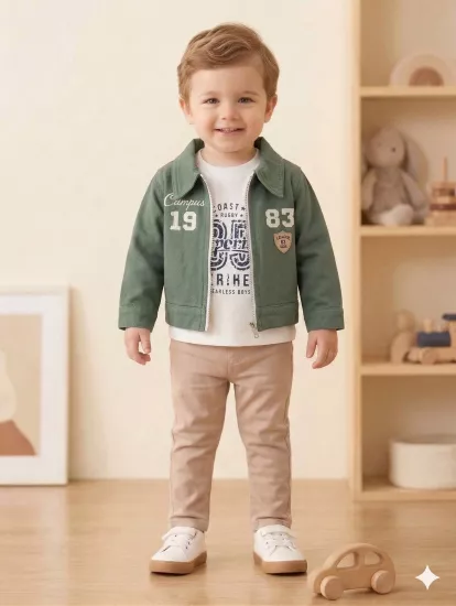 Erkek Çocuk Kolej Temalı 3’lü Kombin Set Yeşil