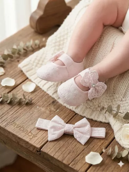 VaVbaby Kız Bebek Fiyonklu Yenidoğan Bebek Ayakkabısı - Mevlüt Ayakkabısı Pembe