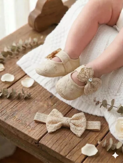 VaVbaby Kız Bebek Fiyonklu Yenidoğan Bebek Ayakkabısı - Mevlüt Ayakkabısı Bej