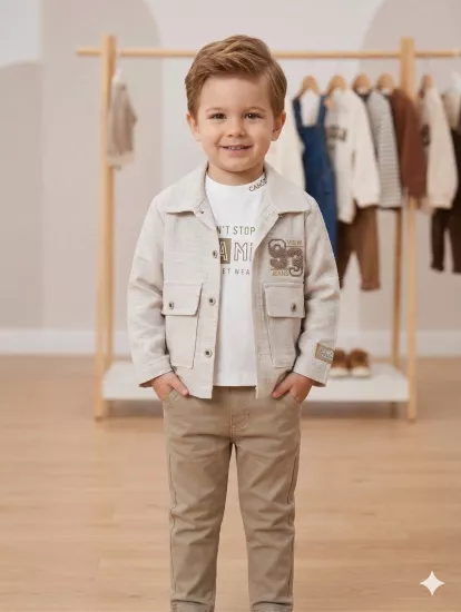 Erkek Çocuk Bej Keten Görünümlü Gömlek Ceket Tshirt Pantolon 3’li Takım