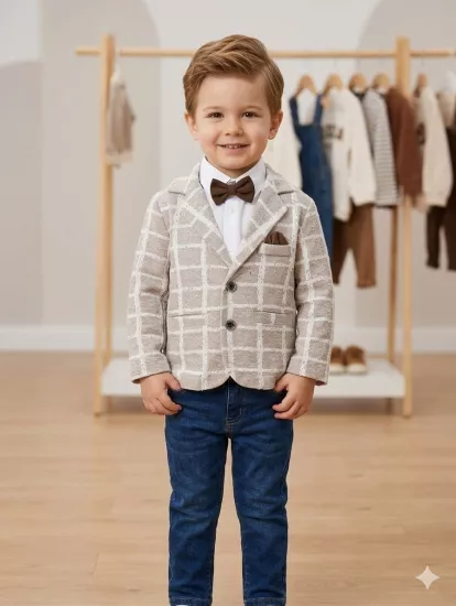 Erkek Çocuk Bej Kareli Blazer Ceketli Papyonlu 3’lü Takım
