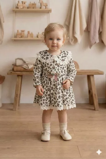 Dantel Yakalı Leopar Desenli Müslin Kız Bebek Elbisesi