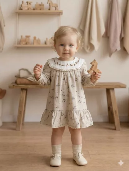Vintage Nakışlı Kız Bebek Keten Elbise