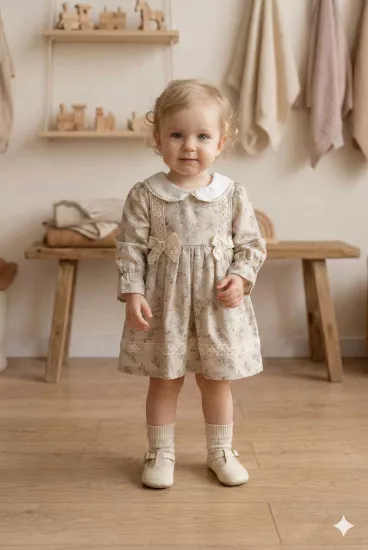 Dantel Detaylı ve Bebe Yakalı Çiçek Desenli Kız Bebek Elbise