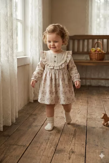 Bohem Stil Fırfırlı ve Dantel İşlemeli Pamuklu Kız Bebek Elbisesi