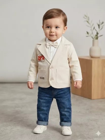 Erkek Bebek Blazer Ceketli Kot Pantolonlu 3’lü Takım