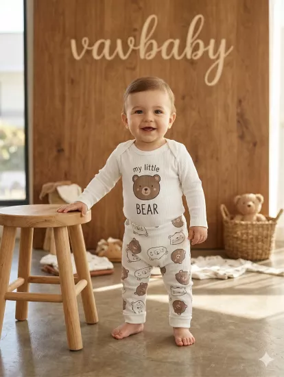 Vavbaby 2li Desenli %100 Pamuklu Kız Bebek Body Pantolon Takım-Ayıcık