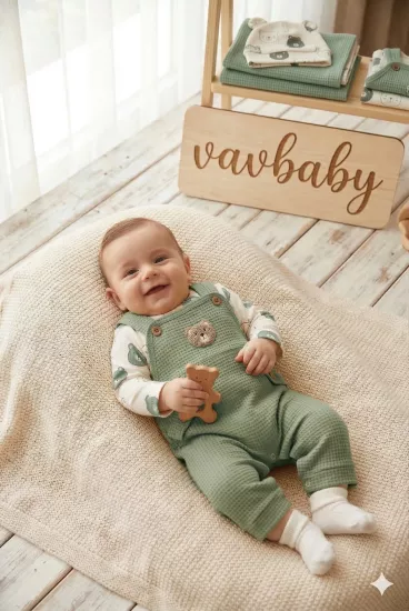 Ayıcık Figürlü Waffle Örme Bebek Salopet Takımı Yeşil (Çorap Hediye)